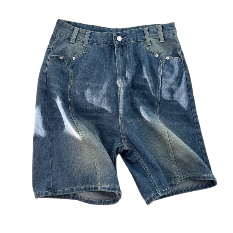 Retro-Jeansshorts im Used-Look, japanische Spleißtechnik, trendige gerade geschnittene Hose mit Fünf-Punkt-Schnitt, lässiges Sommerdesign_voghion.com