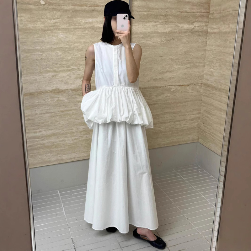 Correct Version! Commuting Style Pure Cotton Stand Collar Ruffled Flower Bud Sleeveless Shirt Dress Long Skirt Correct Version! Commuting Style Pure Cotton Stand Collar Ruffled Flower Bud Sleeveless Shirt Dress Long Skirt
