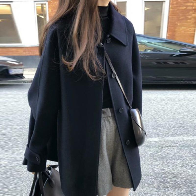 Black Woolen Outwear for Women 2024 Autumn and Winter Woolen Outwear New Korean Style Small Women's Outwear