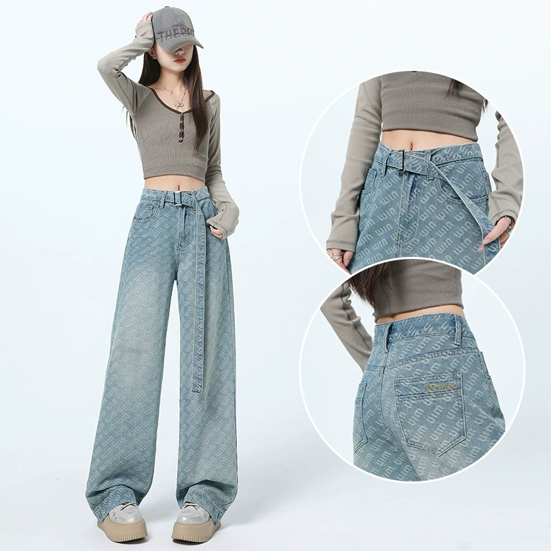 Jeans, spring fitted trousers, high waist, loose straight fit