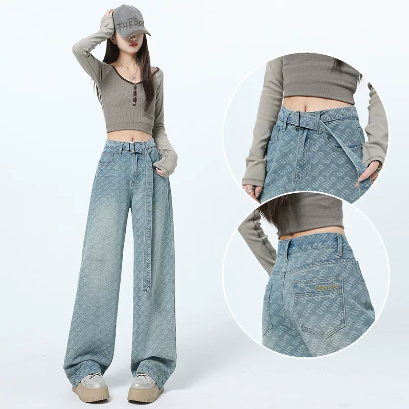 Jeans, spring fitted trousers, high waist, loose straight fit