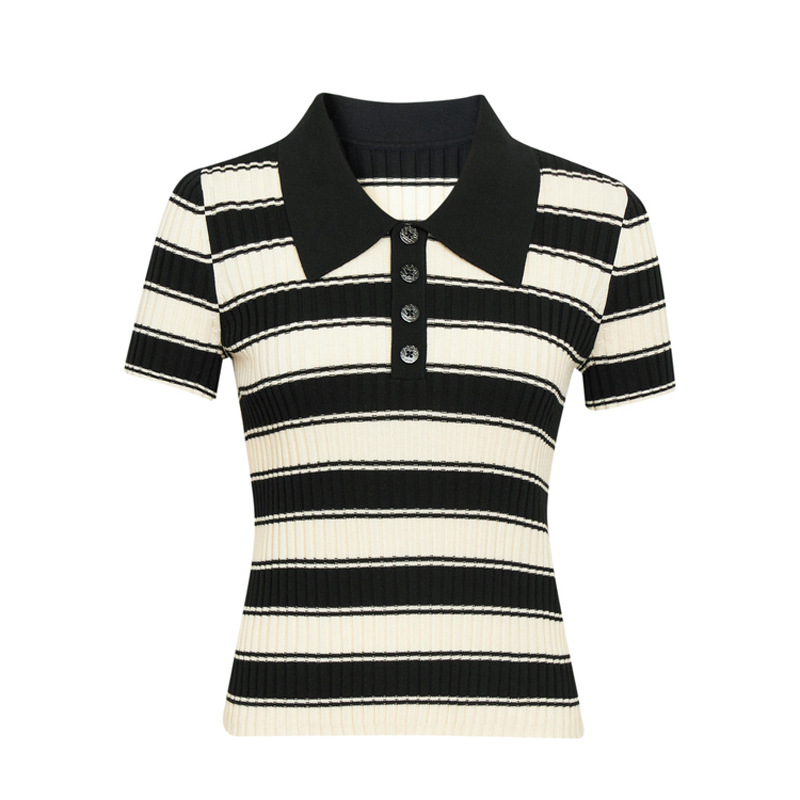 Áo polo nam cổ lật Tencel sọc kẻ mỏng tay ngắn — Màu đen