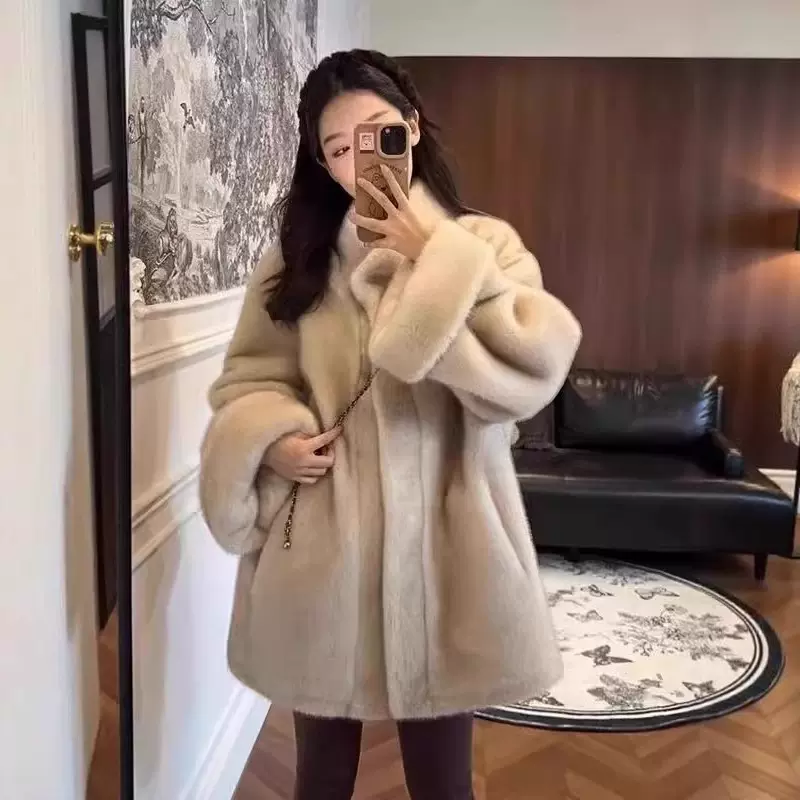 韩版中古环保貂毛中长款立领宽松皮草女毛毛外套高级感皮毛一体冬