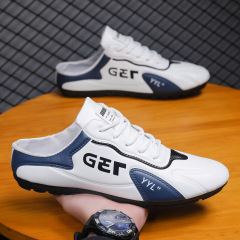 外貿男鞋春季新款潮流透氣懶人鞋皮面半托休閒男式一腳蹬運動鞋男