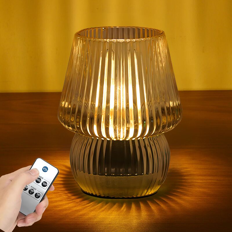 Cordless Glass Small Extra Table Lamp with Remote Control for Living Room and Bedroom Tabletop Decoration, Wave Lamp, Aromatherapy Smart