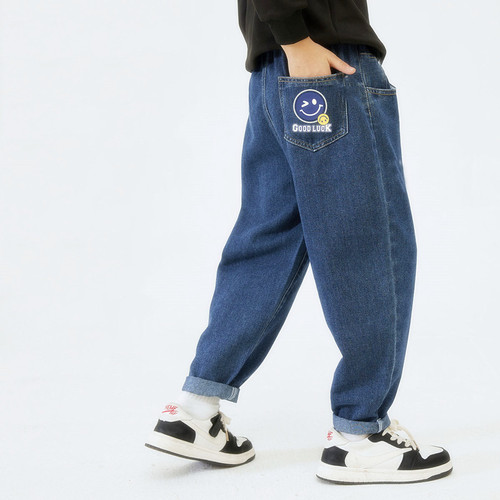 Children's casual cool cartoon denim jeans spring and autumn style factory bulk sales for big kids loose boy jeans