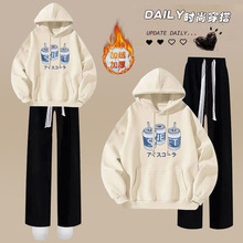 跨境外贸2025秋冬新款加绒加厚套装学生休闲连帽卫衣少女两件套装