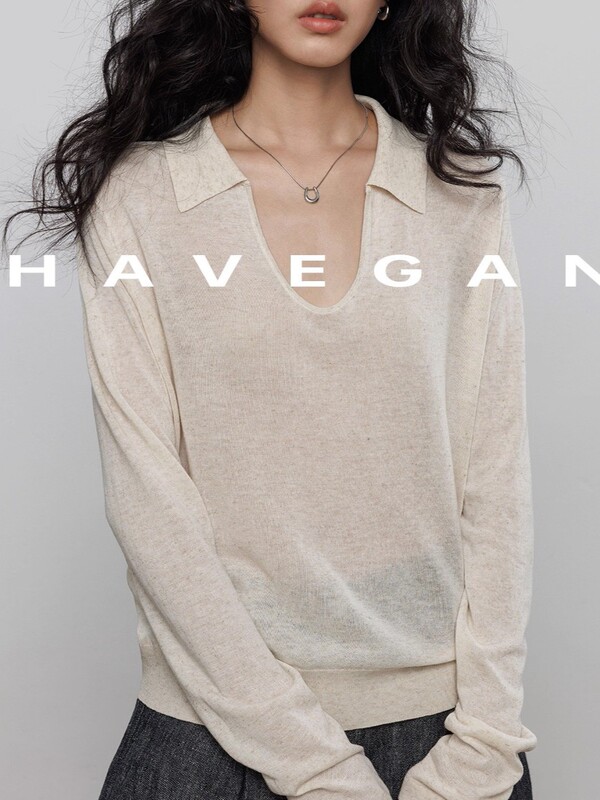 与间HAVEGAN/夏季天丝亚麻长袖防晒针织T恤女翻领老钱风休闲上衣|undefined