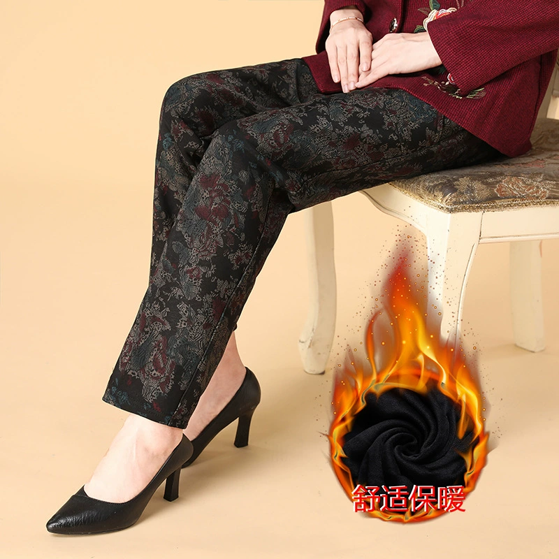 Женские брюки среднего и пожилого возраста, брюки больших размеров на резинке с высокой талией, зимние утолщенные женские брюки на флисовой подкладке, свободные брюки в цветочек