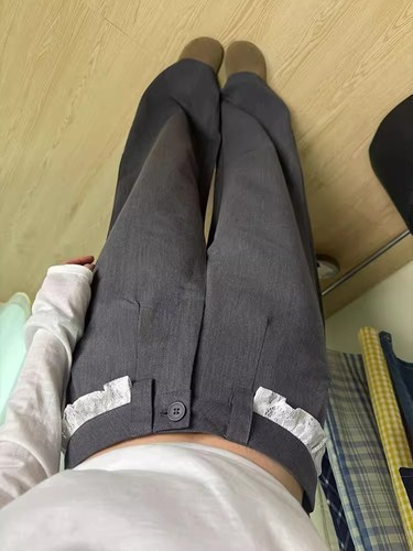 Retro grey lace spliced ​​suit pants casual pants high-end loose wide-leg pants draped straight trousers