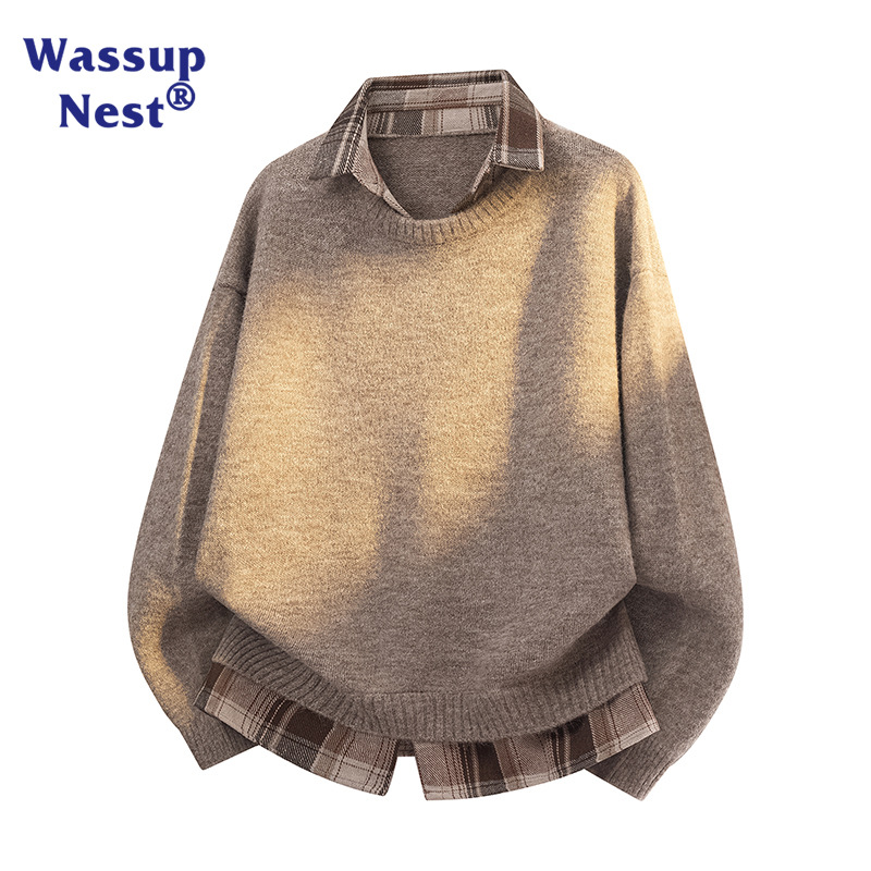 Wassup Fake Two-Piece Shirt Sweater Knitted 2025 New Couple Base Jacket Men's Autumn and Winter New Knitted Sweater