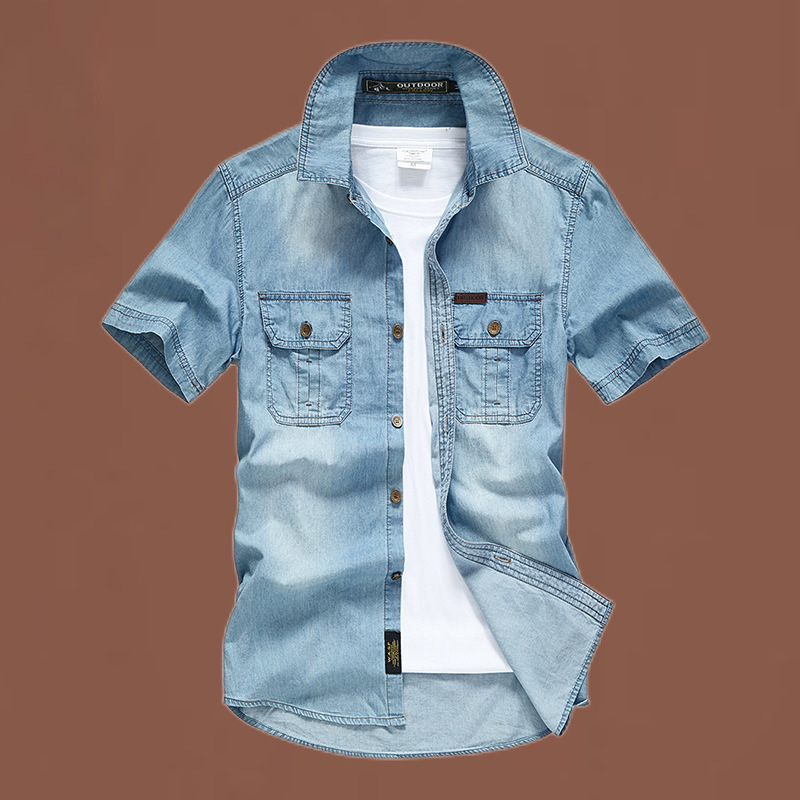 Multi-pocket vintage casual denim shirt, 2026 summer thin cotton stylish work shirt for young and middle-aged men, large size