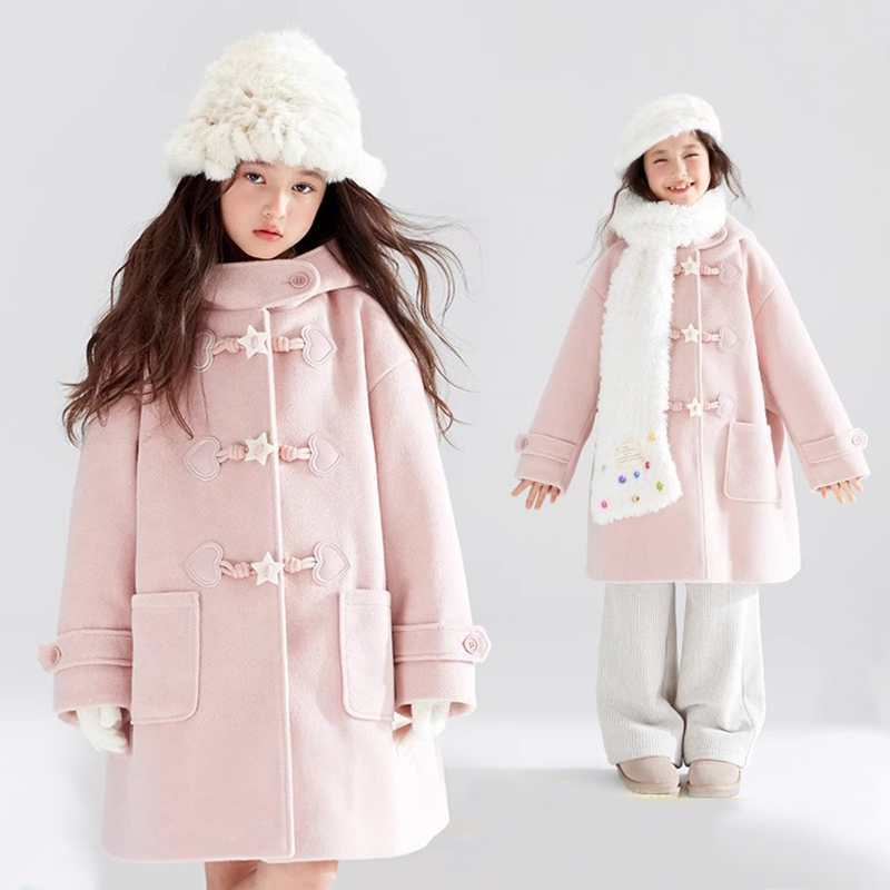 Girls' Fleece-Lined Wool Coat 2025 Winter New Style for Older Children, Stylish Korean Version, Mid-Length Warm Coat Jacket