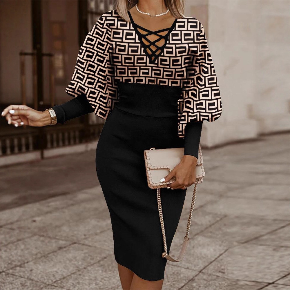 2022 estación independiente AliExpress Amazon popular Otoño e Invierno manga larga cuello en V cintura apretada vaina cuello en V vestido ropa de mujer