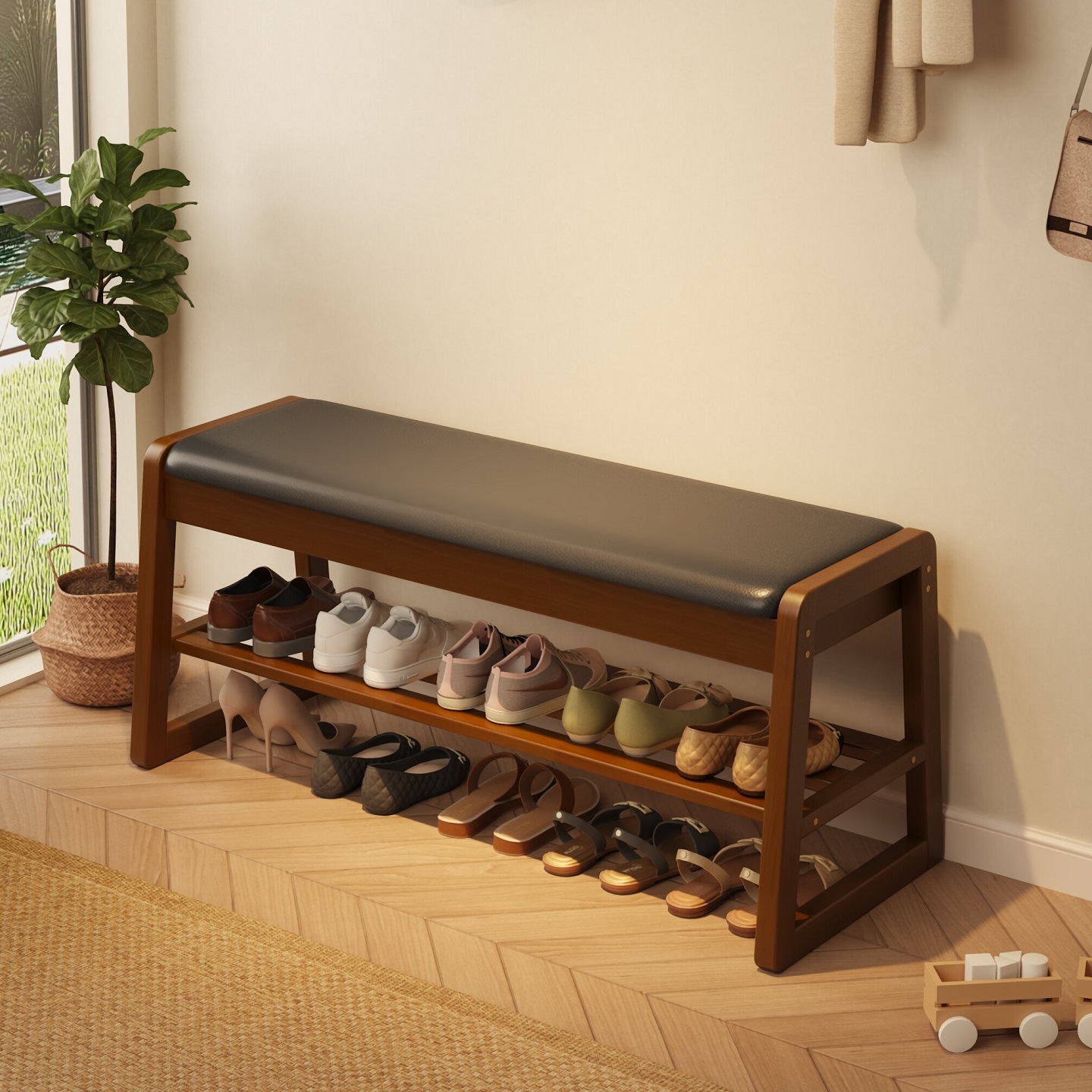 Taburete de cambio de zapatos de madera sólida para uso doméstico en la puerta de entrada se puede sentar y usar taburete de zapatos armario de zapatos integrado almacenamiento de alta calidad