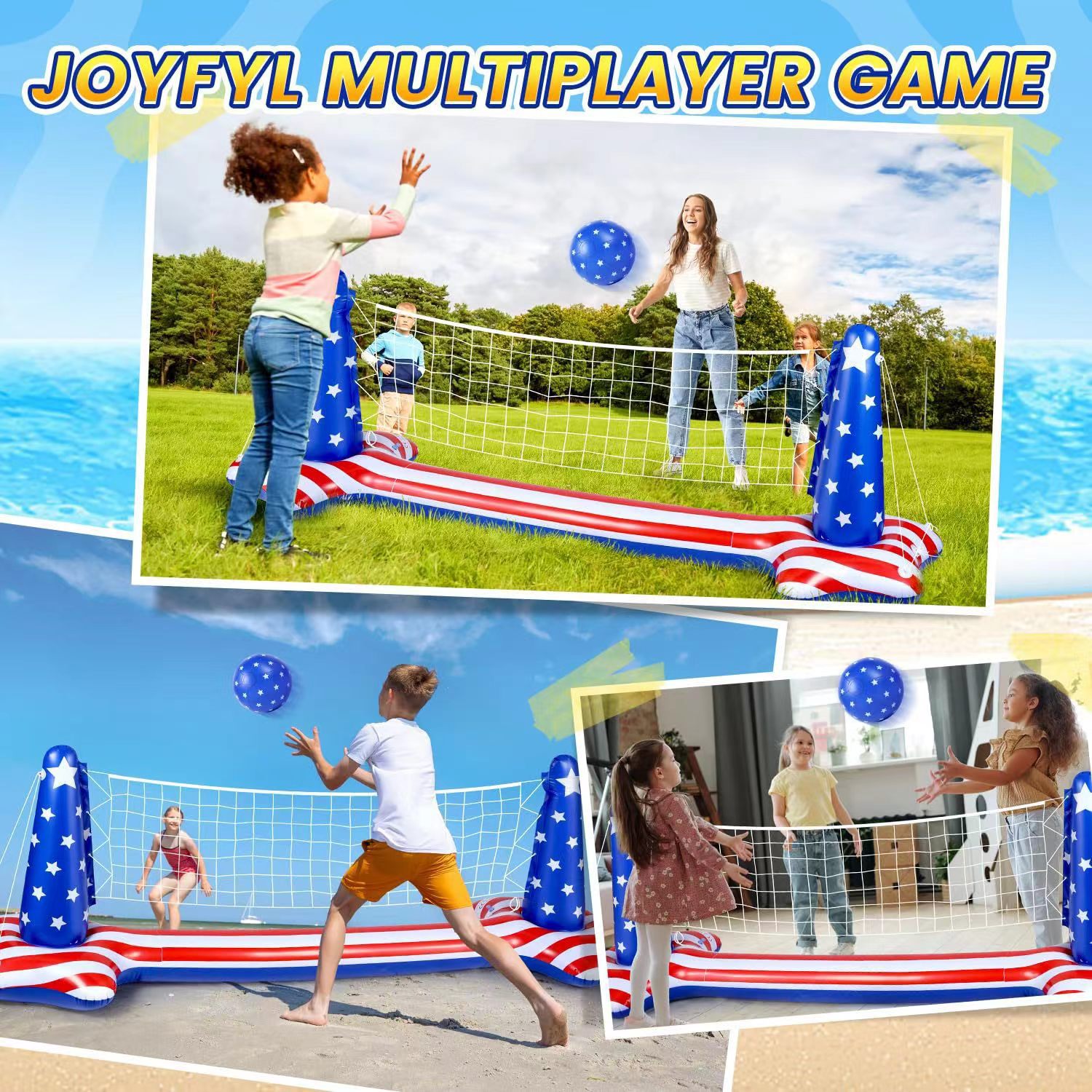 Nuevo estante de voleibol infláble de bandera americana transfronteriza, estante de baloncesto, piscina, fiesta, juguetes de entretenimiento, círculo de natación