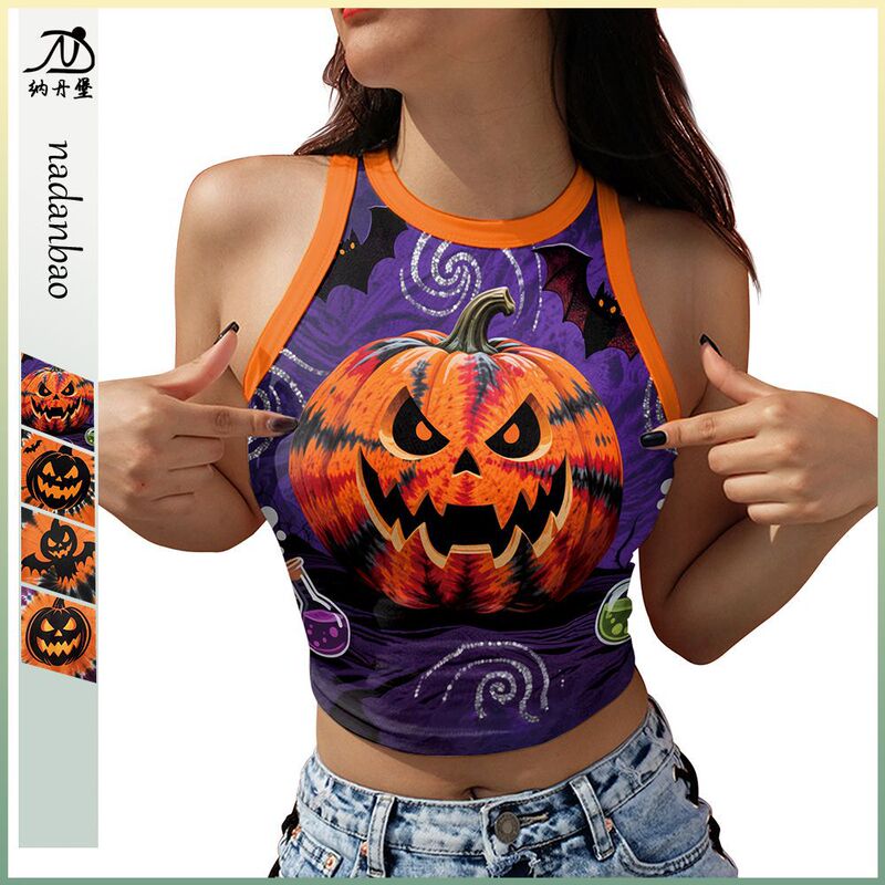 2025 New Halloween Tie-Dye Pumpkin Funny Women's Summer Digital Print Sleeveless Off-Shoulder Short Vest for Women 2025 New Halloween Tie-Dye Pumpkin Funny Women's Summer Digital Print Sleeveless Off-Shoulder Short Vest for Women