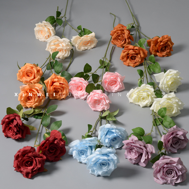仿真3頭玫瑰花家居婚慶乾花裝飾攝影道具鑽石束假花仿真花批發
