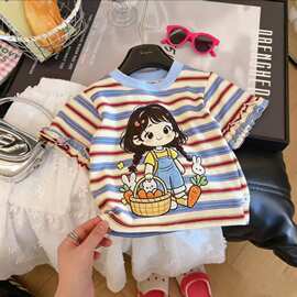 女童纯棉条纹T恤夏季装宝宝洋气设计感洋气短袖上衣时尚百搭衣服t