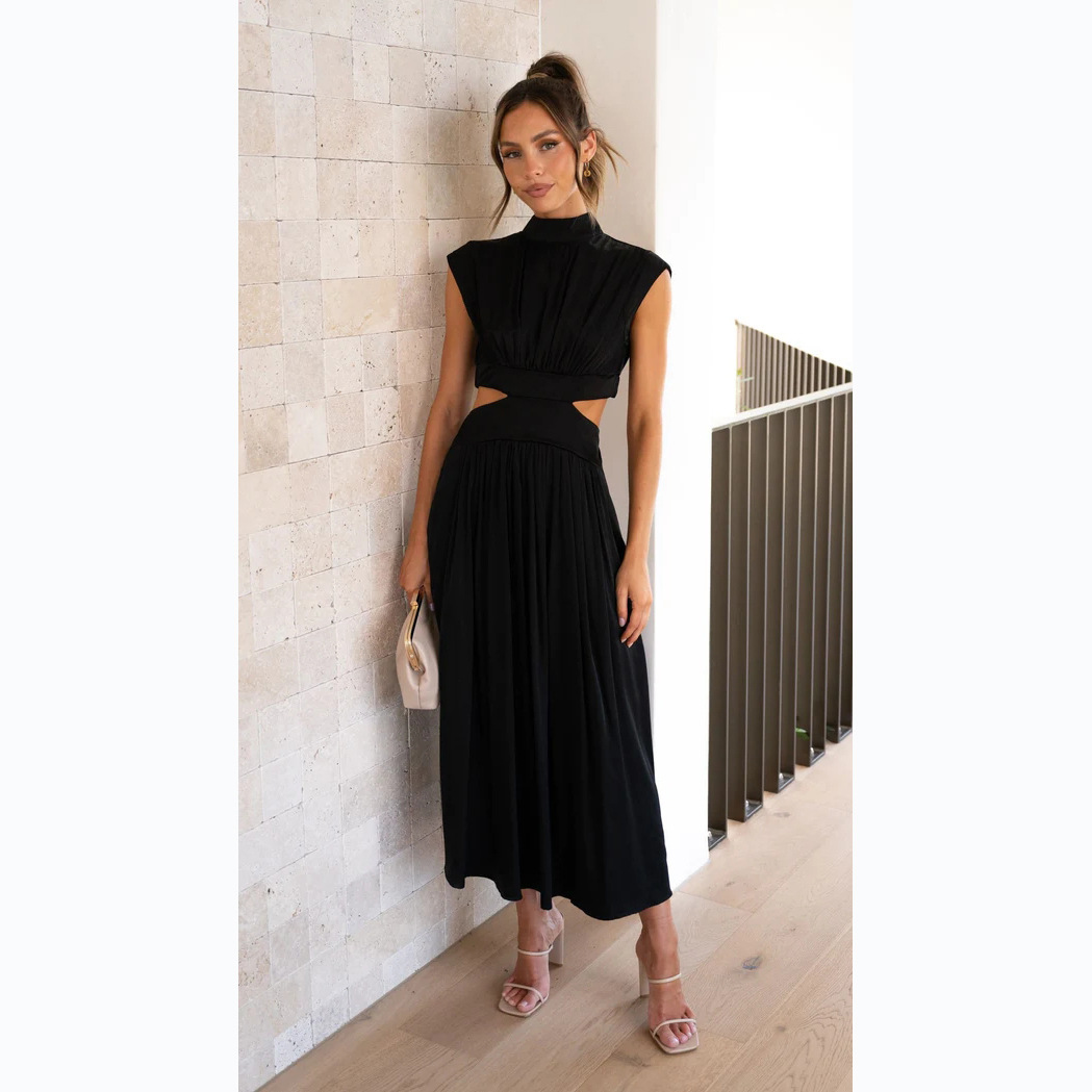 23 years of European and American foreign trade sweet fashion street summer new stand collar solid color exposed waist long dress 23003