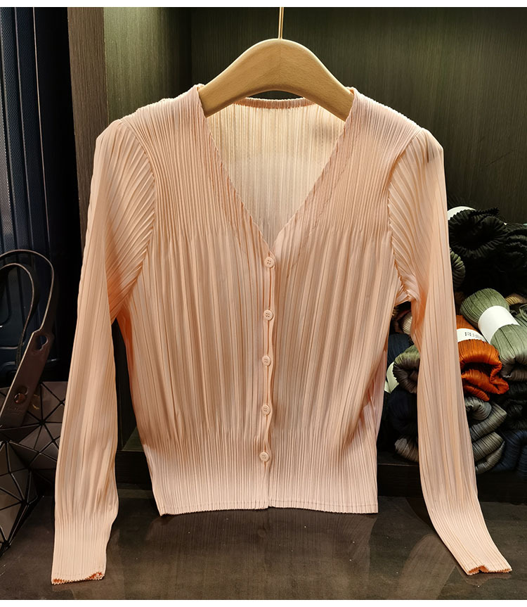 Áo cardigan cổ chữ V dáng ngắn tay dài mới xuân hè — Màu xanh lam nhạt, Màu đen, Màu tím nhạt, Màu hồng chi tiết 16