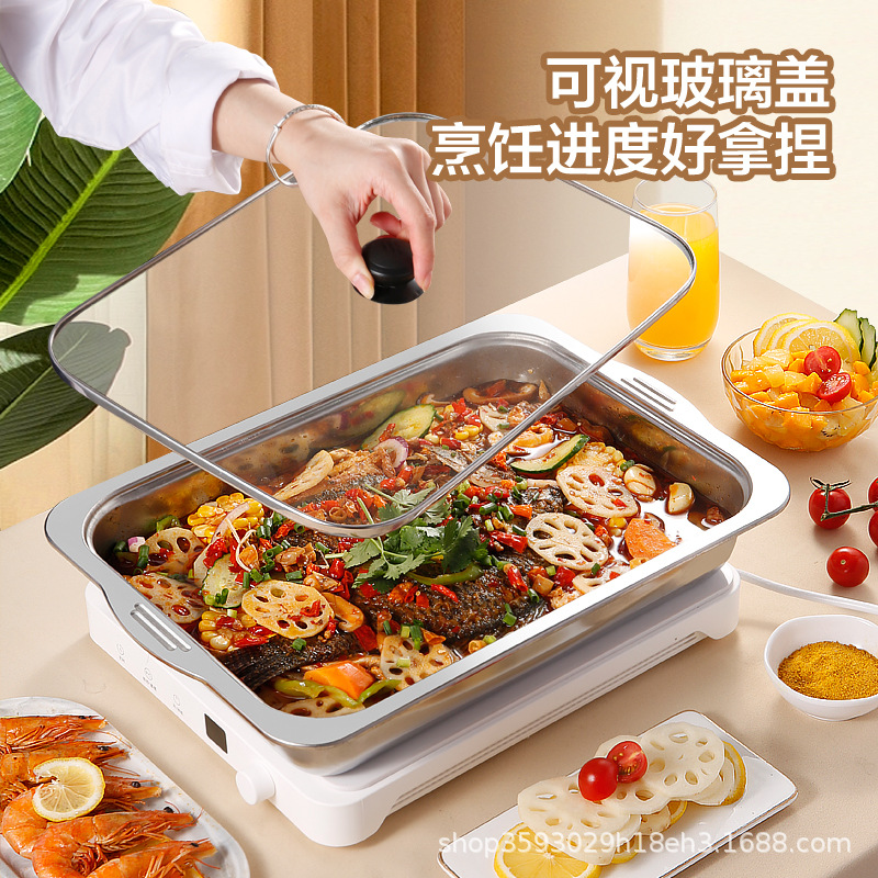 特厚一体成型不锈钢烤鱼盘长方形托盘双耳菜盘鱼盘多功能平底方盘