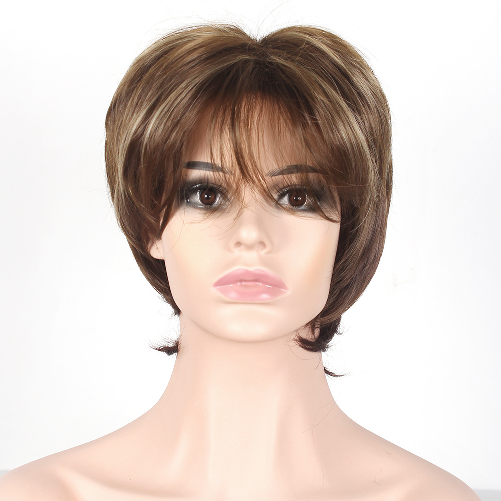 Parrucca sintetica da donna popolare con capelli sintetici corti, lisci e soffici, sfumati di colore misto_voghion.com