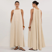 老钱风亚麻背心裙女跨境亚马逊无袖连衣裙25夏季新款宽松纯色长裙