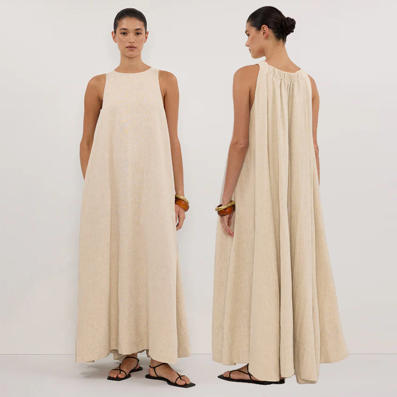 【Clearance Bargain】Old Money Style Linen Tank Dress Cross-Border Amazon Sleeveless Dress Loose Solid Color Long Dress