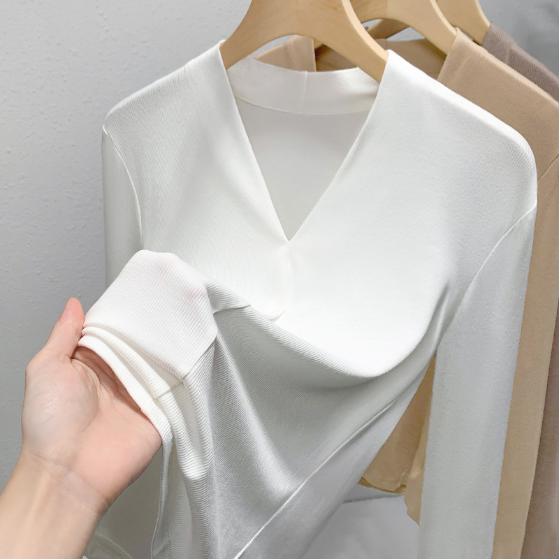 Medium-sleeved T-shirt Women's New Women's Clothing Solid Color Threaded Half-sleeved T-shirt Temperament Deep V-neck Waist Top Short Sleeve_ecoleips.com