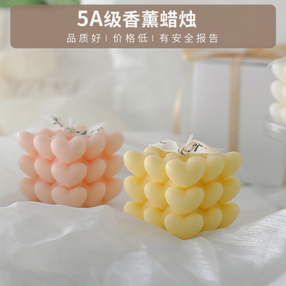 Día de San Valentín de Qixi, pequeño regalo en forma de corazón, vela de incienso de cubo Rubik, atmósfera hecha a mano, aroma de regalo de mano, vela de amor.