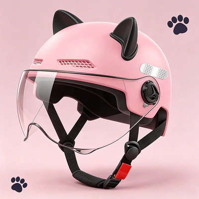 Motosiklet kaskı (dəbilqə) electric bike winter safety helmets - 3c-sakura-pink-high-definition-transparent-short-mirror-black-ear-m101
