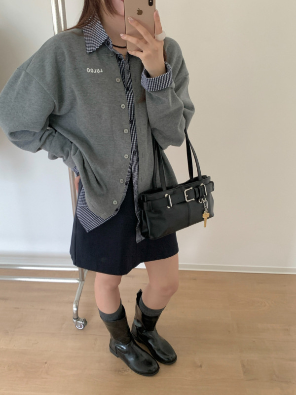 GAGD 松弛感格子拼接衬衫假两件开衫卫衣女 25秋季miu系上衣外套|undefined
