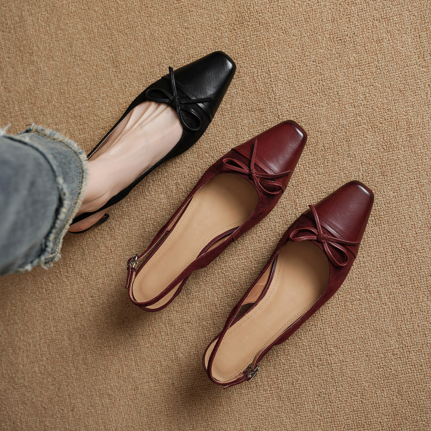Sandal nữ da bò dệt gót 4.5 cm hở gót — màu nâu chi tiết 1