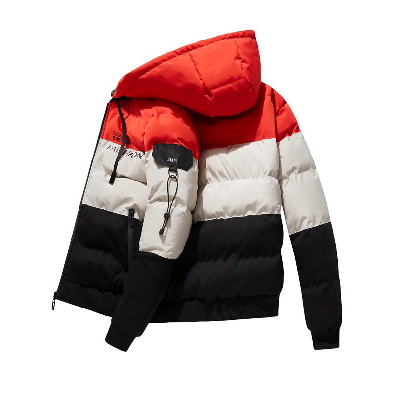 Men’s Reversible Winter Jacket – Thickened Cotton Blend Zip-Up Coat, Detachable Hood & Ribbed Hem (L-4XL, Khaki/Red/Yellow)_voghion.com