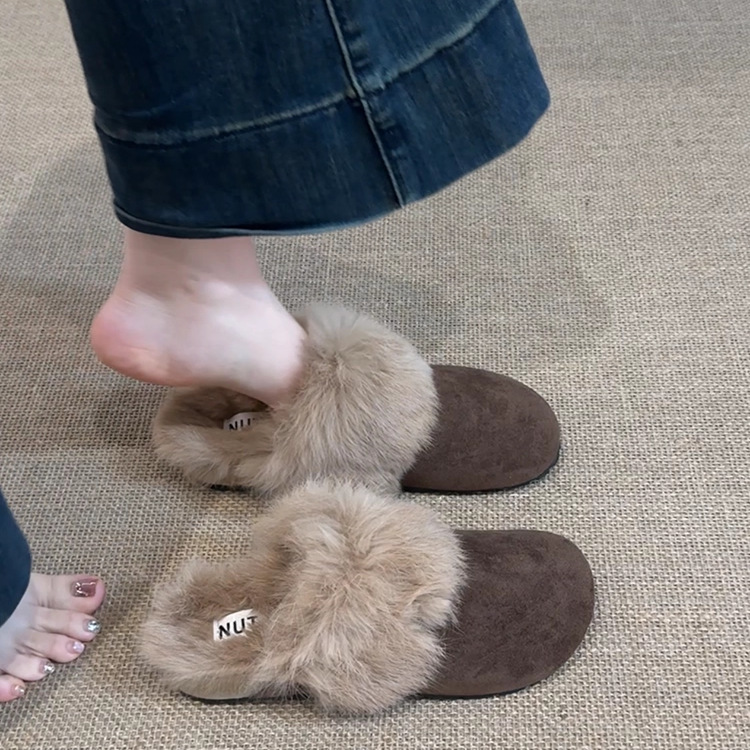 Furry Cotton Snow Boots, Cotton Shoes, Flats-Soled Fleece-Lined, Thickeneded Toe-Cap Half Slippers, Women's Outer Wear, 2025 Winter New Style Furry Cotton Snow Boots, Cotton Shoes, Flats-Soled Fleece-Lined, Thickeneded Toe-Cap Half Slippers, Women's Outer Wear, 2025 Winter New Style