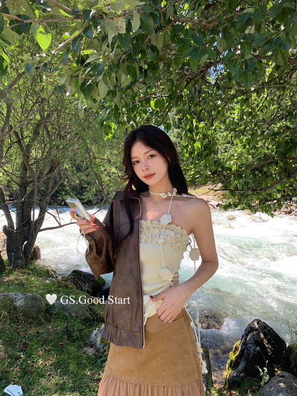 GS.GOOD START浪漫氛围气质设计感花边抹胸背心女装配可拆卸飘带|undefined