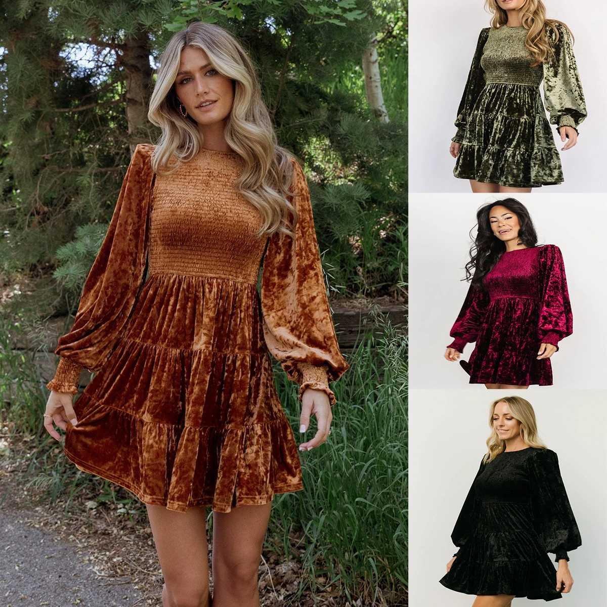 Европейская и американская одежда, бархатное платье, новинка 2024 года, экспортная юбка Amazon с длинными рукавами и круглым вырезом