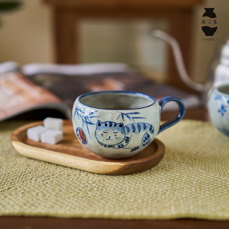 Tao Meiji 手描き青と白の磁器コーヒーカップ手作りかわいい猫マグ家庭用セラミックウォーターカップ朝食カップ|undefined
