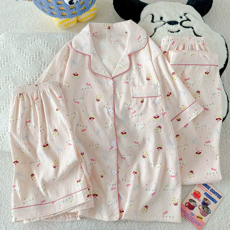 Пижамный комплект Hello Kitty 3 предмета, марля хлопок, короткий рукав, японский стиль лета