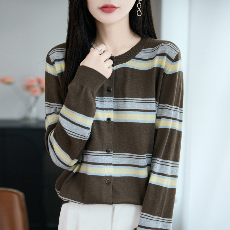 法式设计感撞色条纹针织开衫女新款显瘦宽松毛衣外搭复古女装上衣|undefined