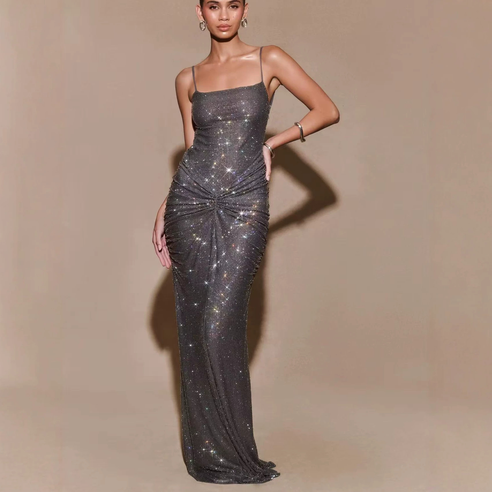 Australian Niche Design Brand M*Shki 2026Ss Sexy Heavy-Duty Rhinestone Embellished Slim-Fit Solid Color Formal Dress
