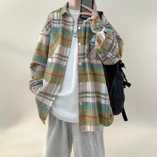 Men's Spring and Autumn Long-Sleeve Shirt with Floral Style, Loose Checkered Blouse, Plus Size Trendy Youth Stand Collar Jacket