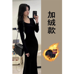 黑色穿搭v领步步生莲鱼尾裙女冬季针织内搭连衣裙v领赫本风连衣裙