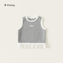 宥宝童夏款儿童韩版上衣薄款上衣圆领拼接蕾丝花边女童无袖背心