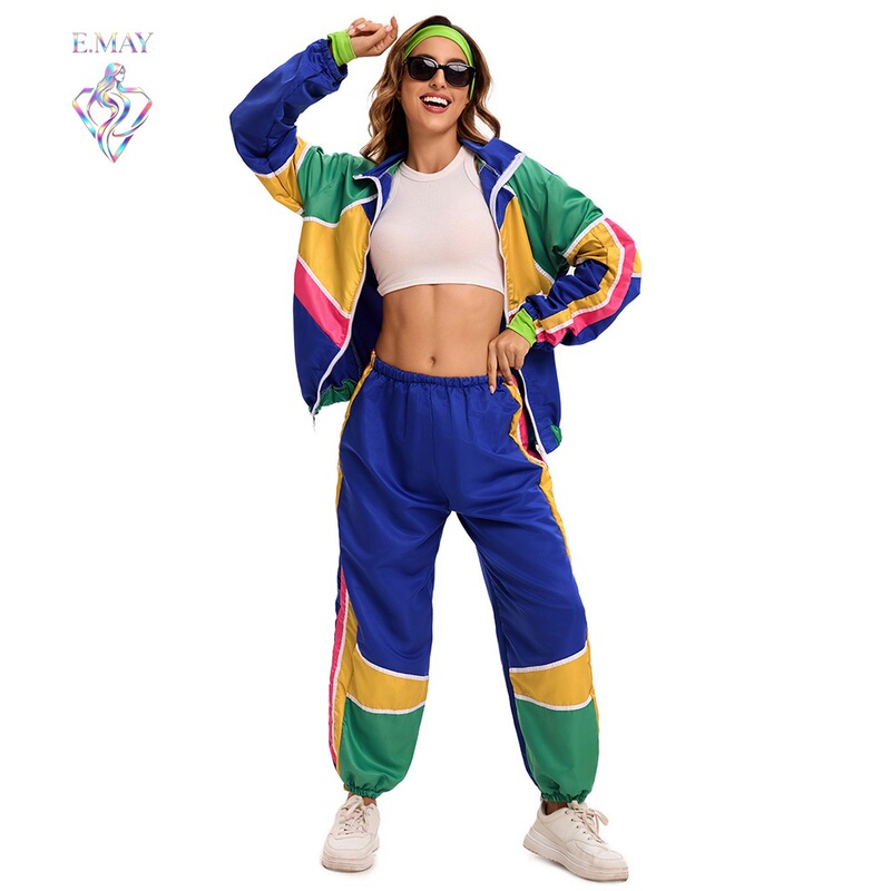 90S Nostalgic Style Contrast Color Sports Suit Loose Jacket + Leg Pants Retro Theme Party