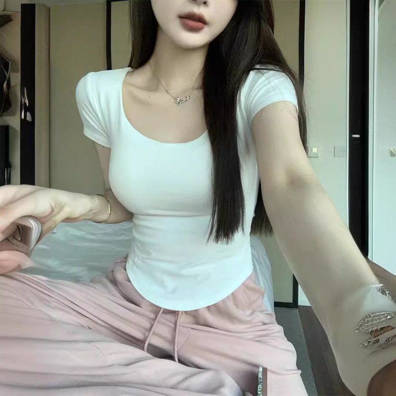 50203 T-Shirt with Chest Pads, Square Collar, Pure Desire Style, Sexy Hot Girl Slim Fit, Slimming Base Shirt, Short Sleeve Top for Women 50203 T-Shirt with Chest Pads, Square Collar, Pure Desire Style, Sexy Hot Girl Slim Fit, Slimming Base Shirt, Short Sleeve Top for Women