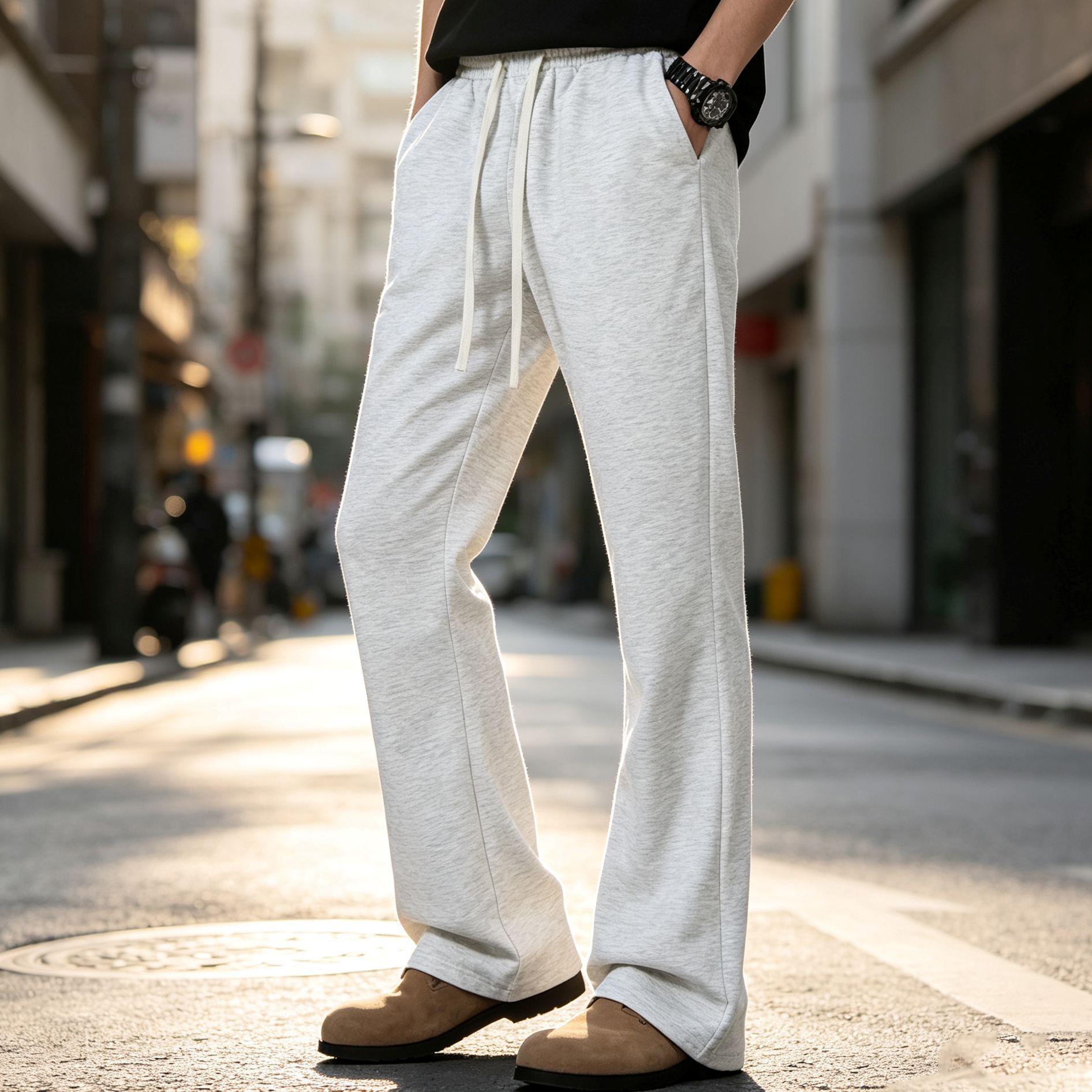 New cross-border cotton warm loose casual pants for men, Korean style, trendy and versatile, autumn fleece-lined wide-leg style.