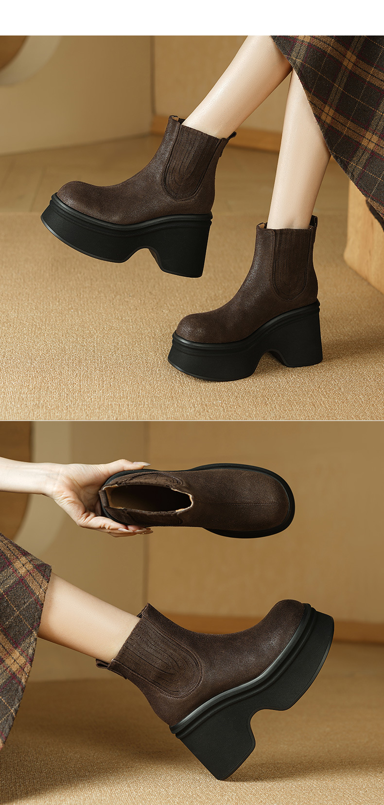 Giày boot Chelsea nữ cổ thun đế dày 10 cm chống nước mùa thu đông — đen, nâu sẫm chi tiết 6