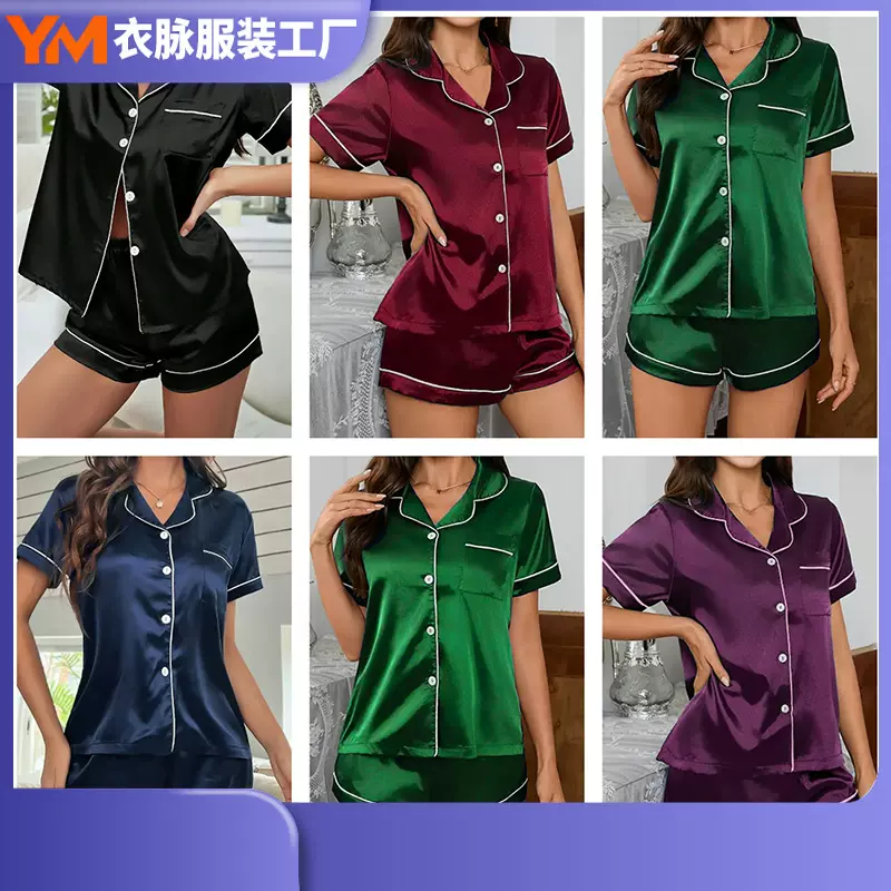 跨境新款可外穿家居服舒适透气开衫睡衣女短袖短裤家居服套装批发